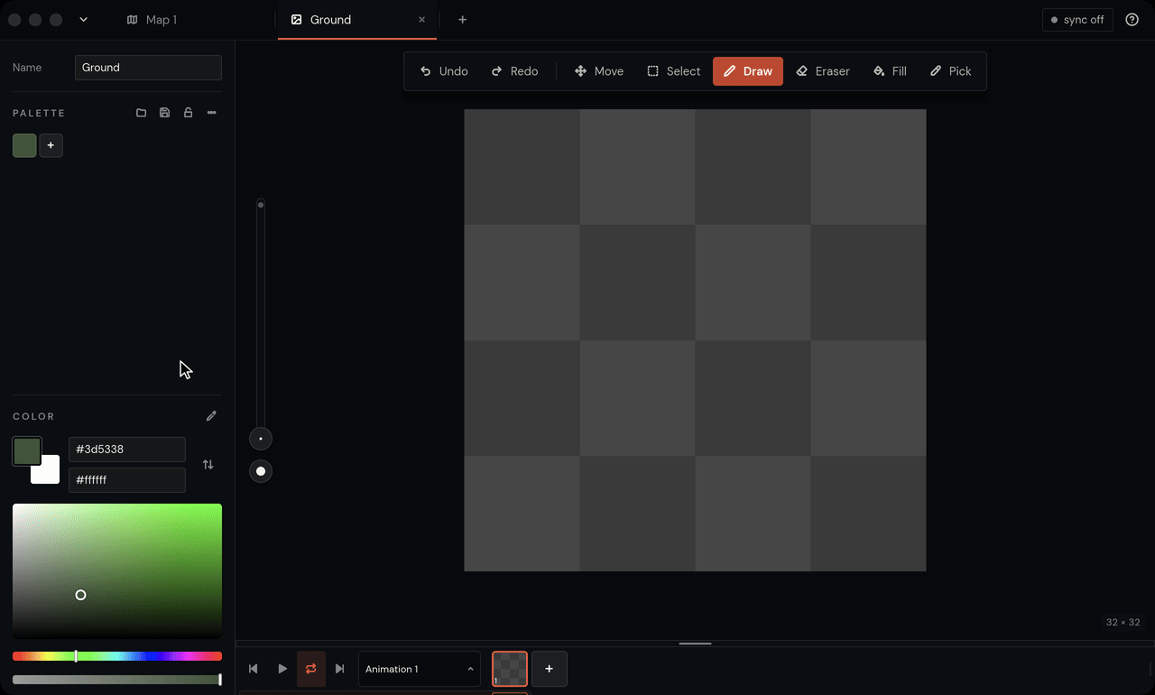 Typing a brown, filling the canvas, then typing a green and drawing grass on the top-left tile